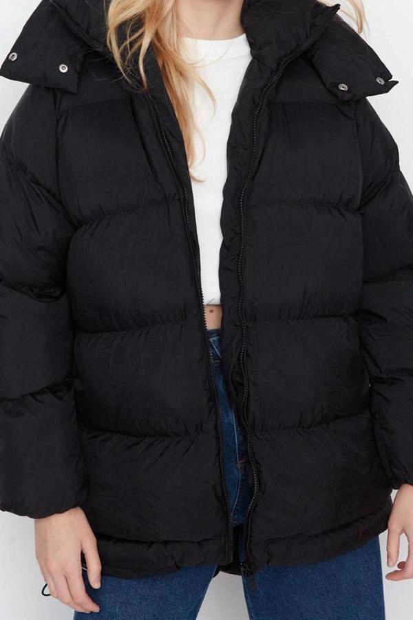 Tasarım Düz Astarlı Yaka Midi Bol Kapüşonlu Kadın Kapüşonlu Su İtici Kışlık Şişme Mont - Image 1