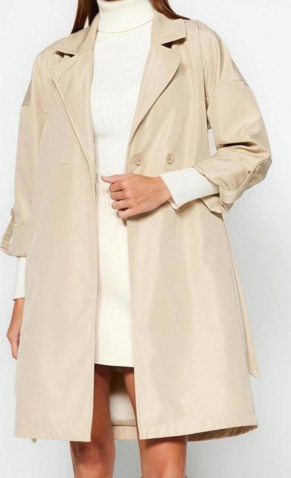 Tasarım Düz Astarlı Yaka Midi Oversize Ceket Kadın Oversize Kuşaklı Su İtici Uzun Trençkot - Image 1