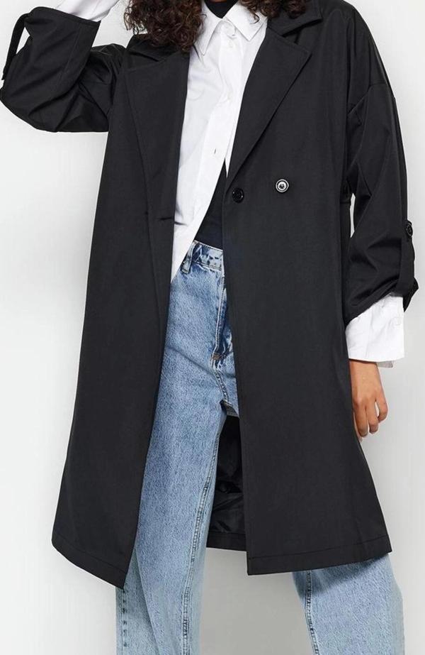 Tasarım Düz Astarlı Yaka Midi Oversize Ceket Kadın Oversize Kuşaklı Su İtici Uzun Trençkot - Image 1