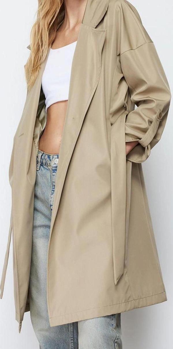 Tasarım Düz Astarlı Yaka Midi Oversize Ceket Kadın Oversize Kuşaklı Su İtici Uzun Trençkot - Image 1