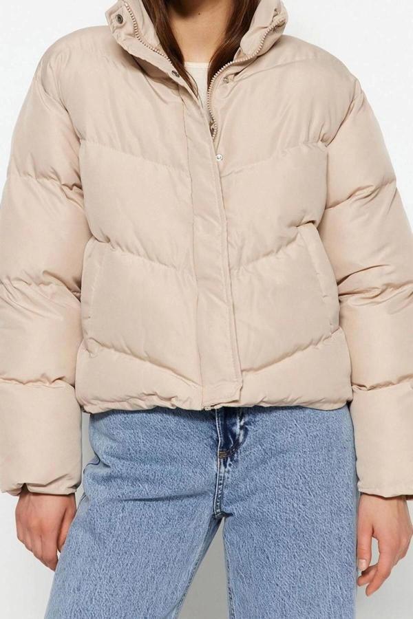 Tasarım Düz Astarlı Yaka Standart Regular Dik Kadın Regular Su İtici Şişme Mont - Image 1