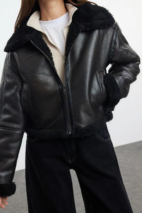 Tasarım Düz Astarsız Yaka Standart Oversize Gömlek Kadın Peluş Detaylı Biker Ceket Mont - Image 1