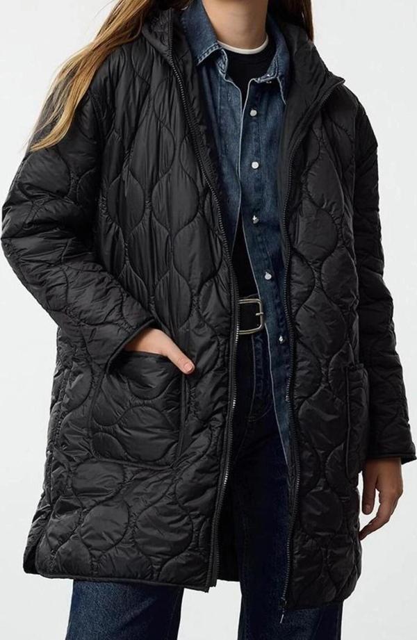 Tasarım Düz Astarlı Yaka Midi Oversize Kapüşonlu Kadın Oversize Kapüşonlu Kapitone Mont - Image 1