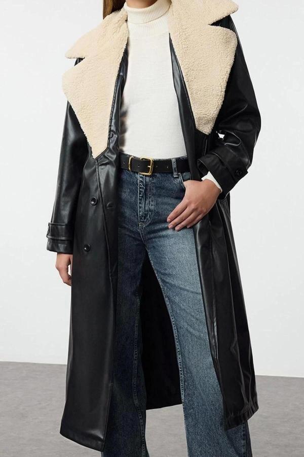 Tasarım Düz Astarlı Yaka Uzun Oversize Ceket Kadın Oversize Peluş Yaka Detaylı Suni Deri Trençkot - Image 1