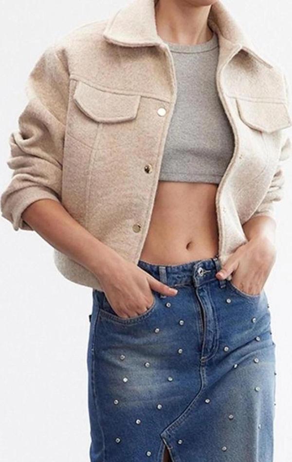 Tasarım Düz Astarlı Yaka Standart Regular Dik Kadın Fit Buklet İnce Ceket Mont - Image 1