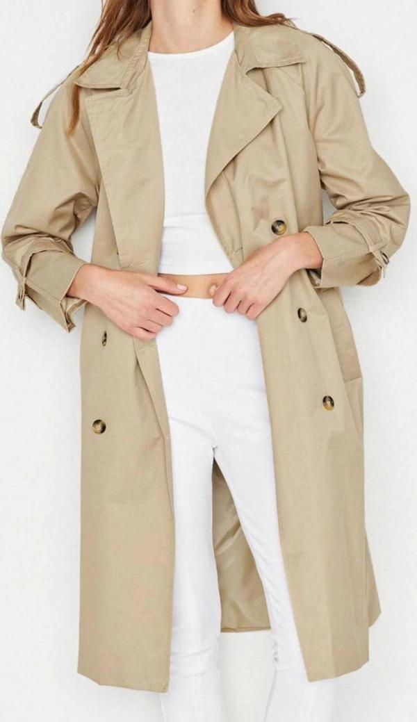 Tasarım Düz Astarlı Yaka Uzun Regular Ceket Kadın Kuşaklı Regular Su İtici Trençkot - Image 1