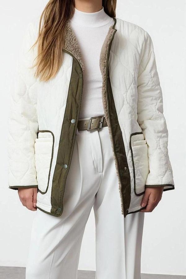 Tasarım Düz Astarlı Yaka Midi Oversize Bisiklet Kadın Oversize Peluş Detaylı Kapitone Mont - Image 1