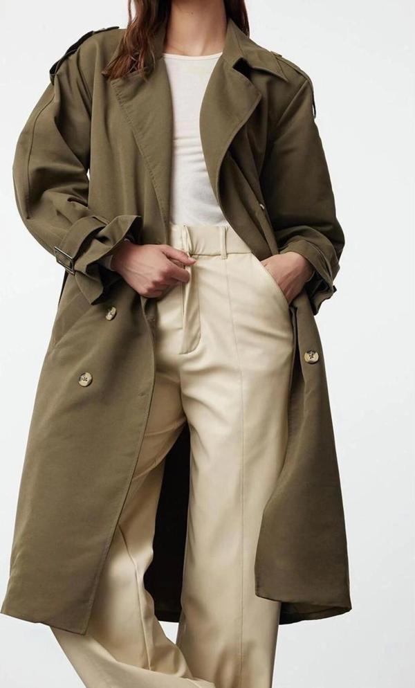 Tasarım Düz Astarlı Yaka Uzun Oversize Ceket Kadın Oversize Kuşaklı Trençkot - Image 1