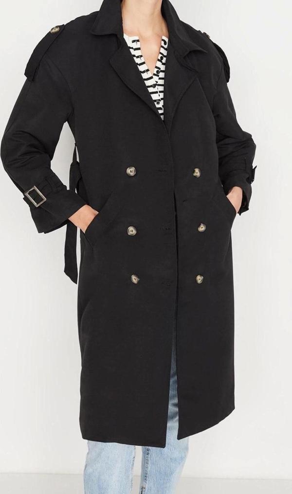 Tasarım Düz Astarlı Yaka Uzun Oversize Ceket Kadın Oversize Kuşaklı Trençkot - Image 1