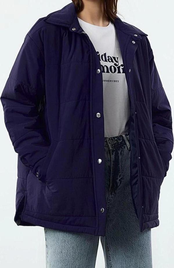 Tasarım Düz Astarlı Yaka Midi Bol Gömlek Kadın Oversize Kapitone Şişme Mont - Image 1