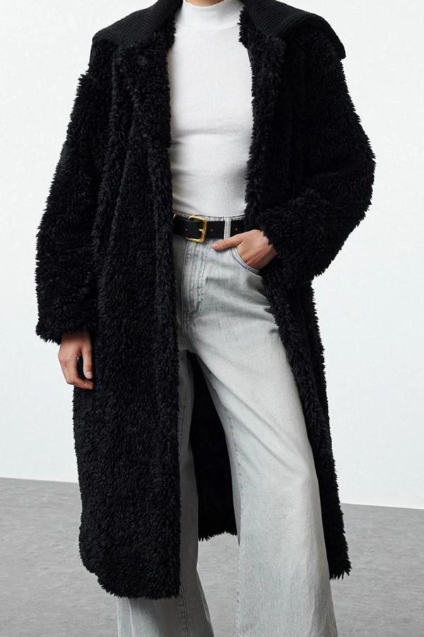 Tasarım Düz Astarlı Yaka Uzun Bol Ceket Kadın Siyah Oversize Peluş Kaban - Image 1