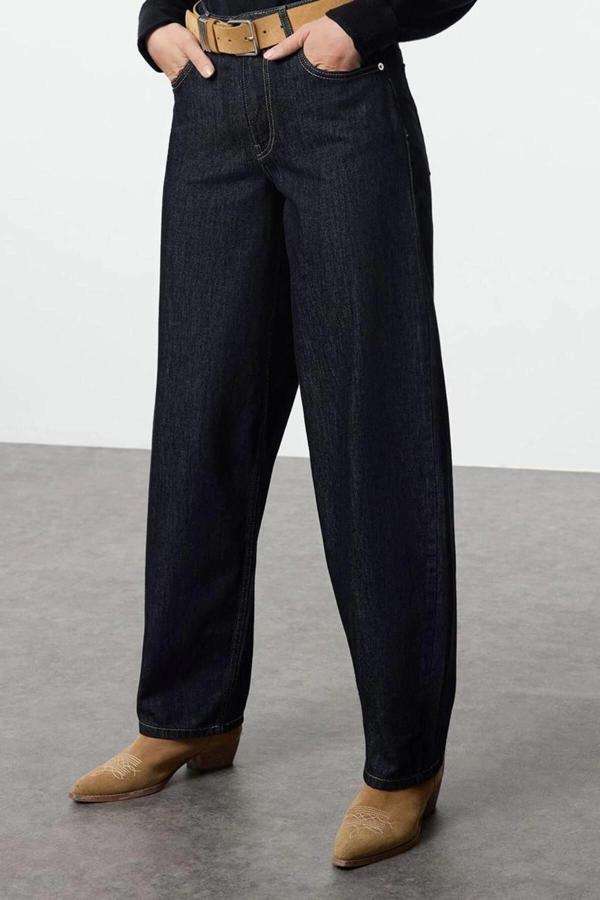 Stil Kadın Moda Denim Kot Pantolon Uzun Geniş Paça Lacivert Yüksek Bel Jeans - Image 1