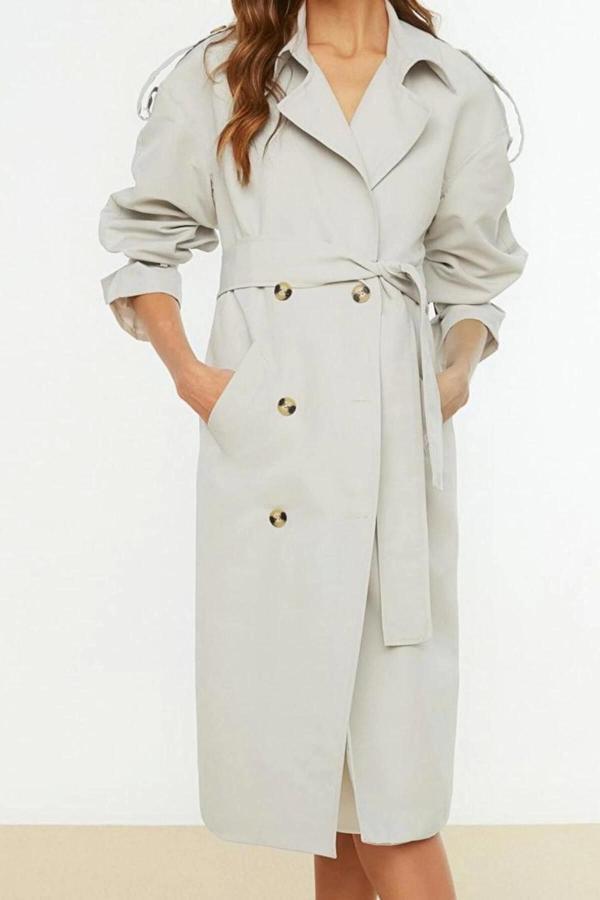 Tasarım Düz Astarlı Yaka Uzun Oversize Ceket Kadın Oversize Kuşaklı Trençkot - Image 1