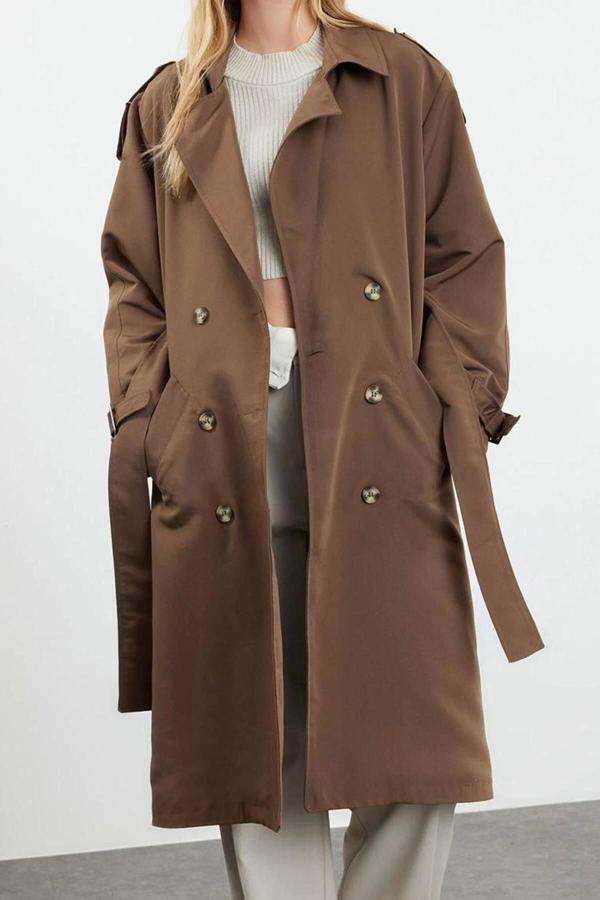 Tasarım Düz Astarlı Yaka Uzun Oversize Ceket Kadın Oversize Kuşaklı Trençkot - Image 1