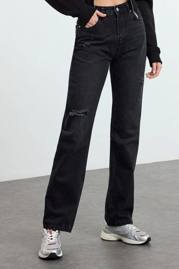 Stil Kadın Moda Denim Kot Pantolon Uzun Geniş Paça Antrasit Yırtıklı Yüksek Bel Uzun Jeans - Image 1