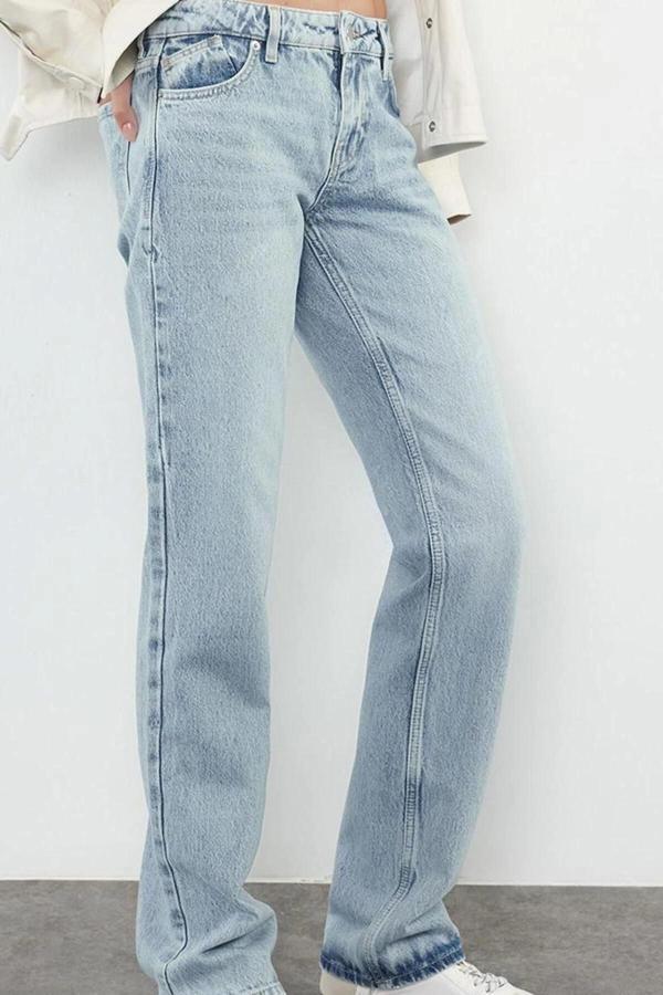 Stil Kadın Moda Denim Kot Pantolon Uzun Boru Paça Yüksek Bel Straight Jeans - Image 1