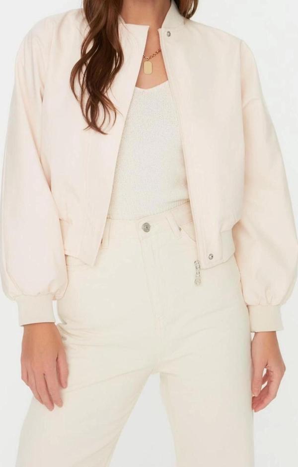 Tasarım Düz Astarlı Yaka Standart Oversize Hakim Kadın Büzgü Detaylı Su İtici Bomber Ceket Mont - Image 1