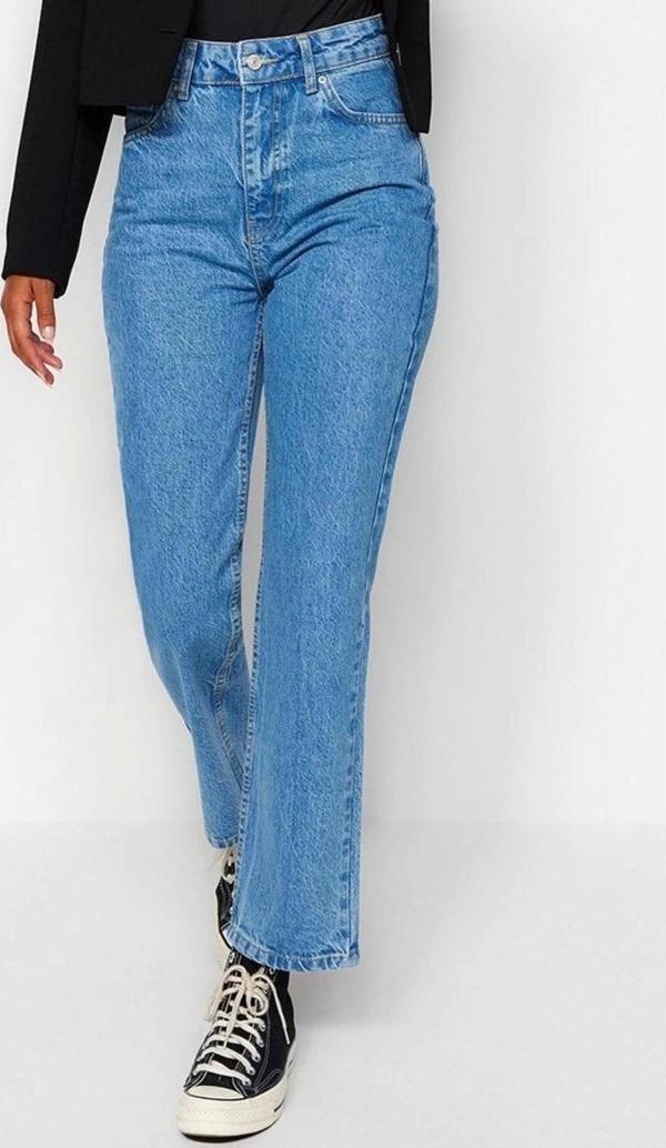 Stil Kadın Moda Denim Kot Pantolon Uzun Geniş Paça Mavi Yüksek Bel Straight Jeans - Image 1