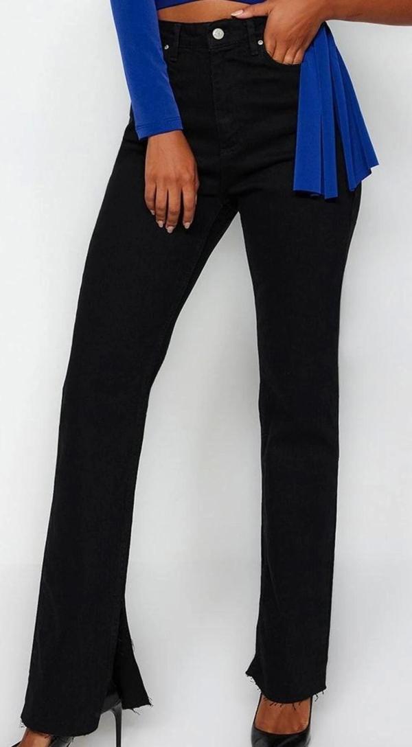 Stil Kadın Moda Denim Kot Pantolon Regular Boru Paça Yırtmaçlı Yüksek Bel Jeans - Image 1