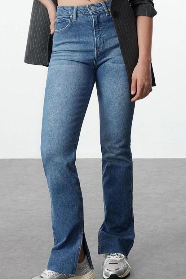 Stil Kadın Moda Denim Kot Pantolon Regular Boru Paça Yırtmaçlı Yüksek Bel Jeans - Image 1