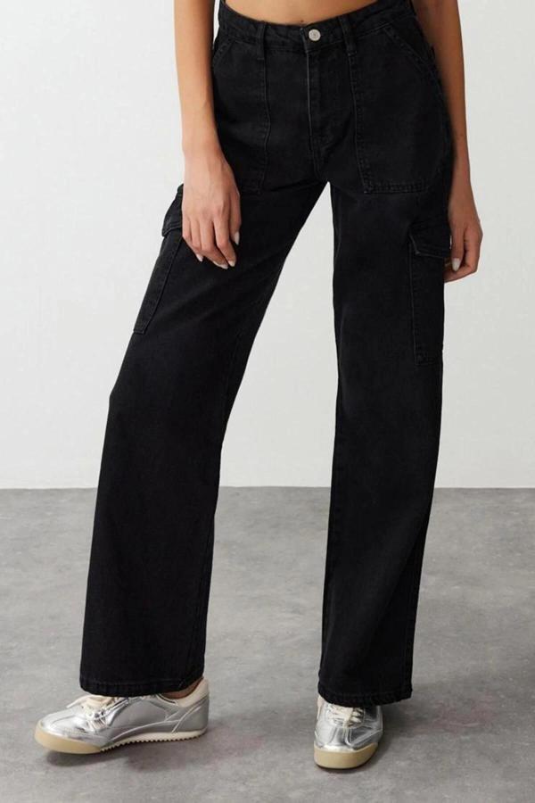 Stil Kadın Moda Denim Kot Pantolon Uzun Geniş Paça Antrasit Yüksek Bel Jeans - Image 1