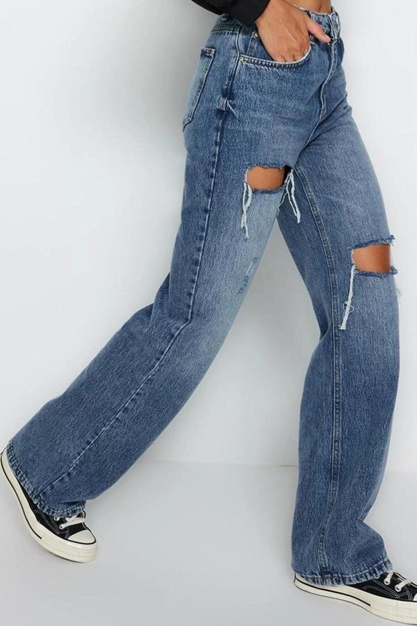 Stil Kadın Moda Denim Kot Pantolon Uzun Geniş Paça Mavi Yırtıklı Yüksek Bel Jeans - Image 1
