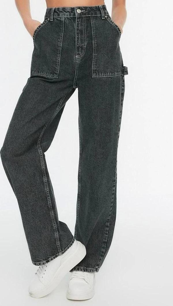 Stil Kadın Moda Denim Kot Pantolon Regular Geniş Paça Antrasit Cep Detaylı Yüksek Bel Jeans - Image 1