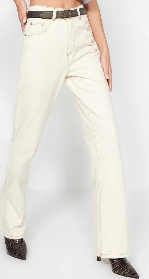 Stil Kadın Moda Denim Kot Pantolon Uzun Geniş Paça Ekru Yüksek Bel Jeans - Image 1