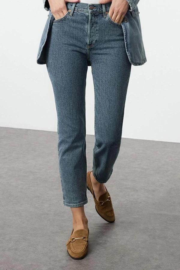 Stil Kadın Moda Denim Kot Pantolon Uzun Boru Paça Mavi Yüksek Bel Mom Jeans - Image 1