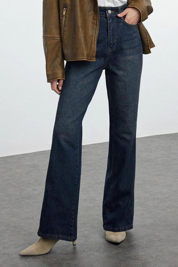 Stil Kadın Moda Denim Kot Pantolon Uzun Geniş Paça Yüksek Bel Jeans - Image 1
