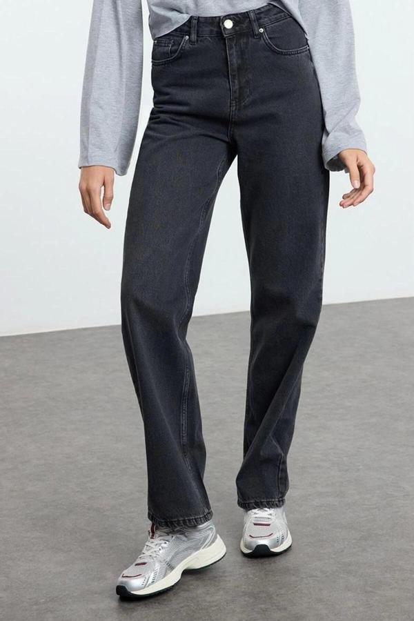 Stil Kadın Moda Denim Kot Pantolon Regular Geniş Paça Yüksek Bel Uzun Straight Jeans - Image 1