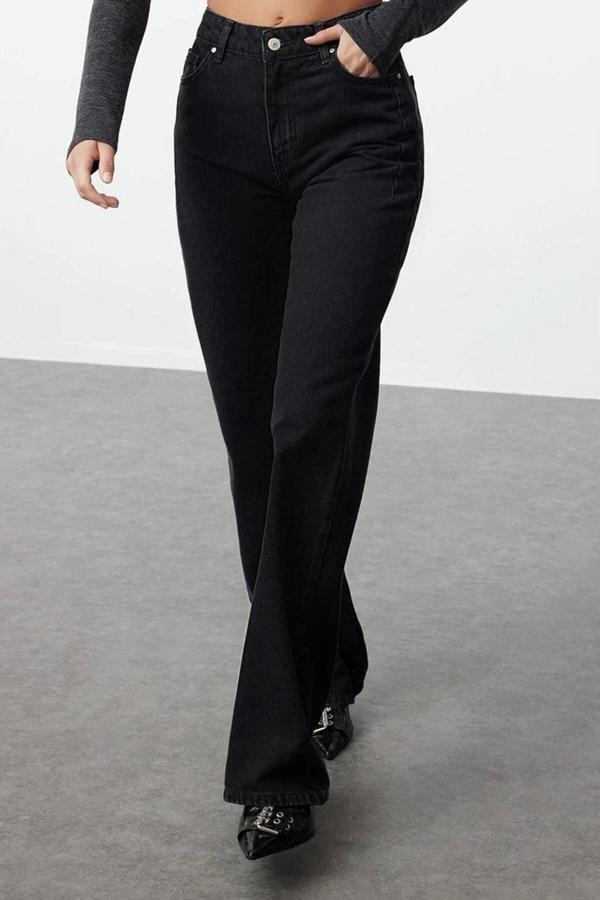 Stil Kadın Moda Denim Kot Pantolon Regular Geniş Paça Pens Detaylı Yüksek Bel Uzun Straight Jeans - Image 1