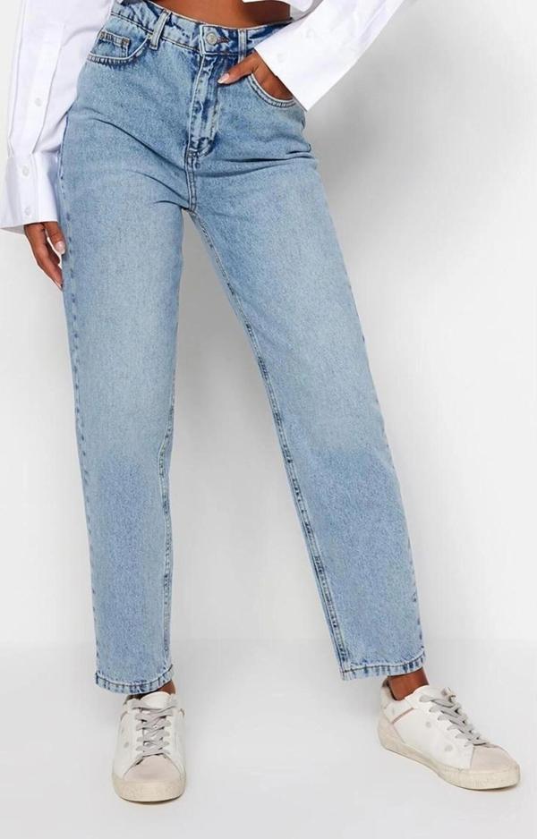 Stil Kadın Moda Denim Kot Pantolon Regular Dar Paça Mavi Yüksek Bel Mom Jeans - Image 1