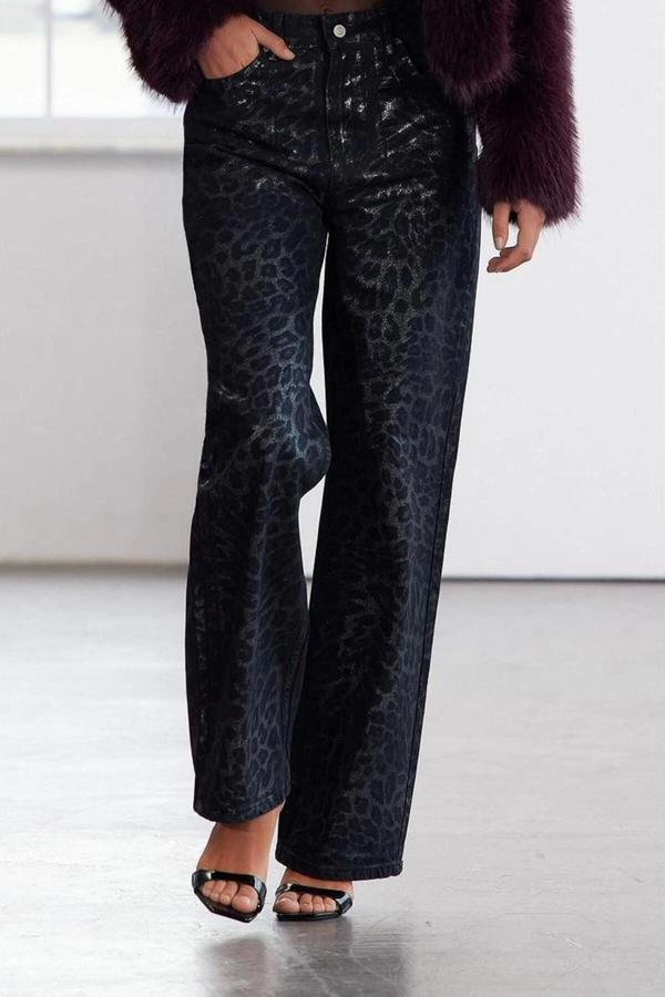Stil Kadın Moda Denim Kot Pantolon Uzun Geniş Paça Leopar Varak Baskılı Yüksek Bel Jeans - Image 1