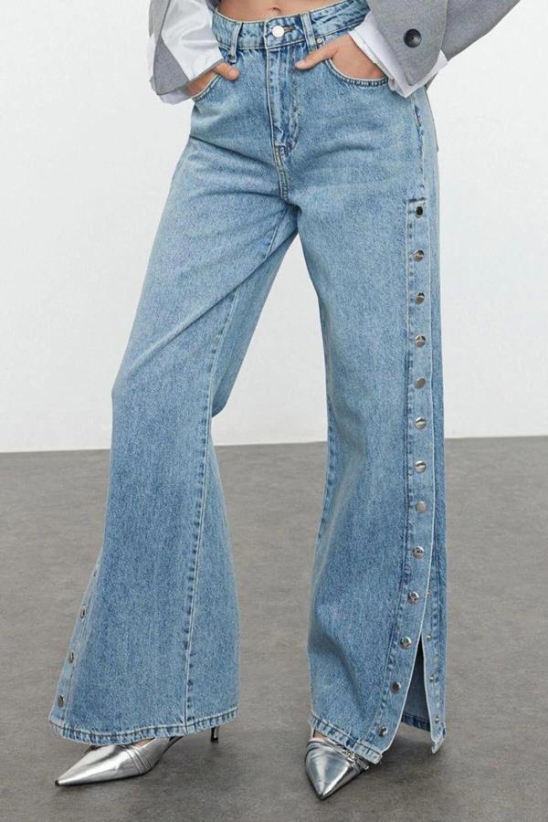 Stil Kadın Moda Denim Kot Pantolon Regular Geniş Paça Mavi Aksesuar Detaylı Yüksek Bel Jeans - Image 1