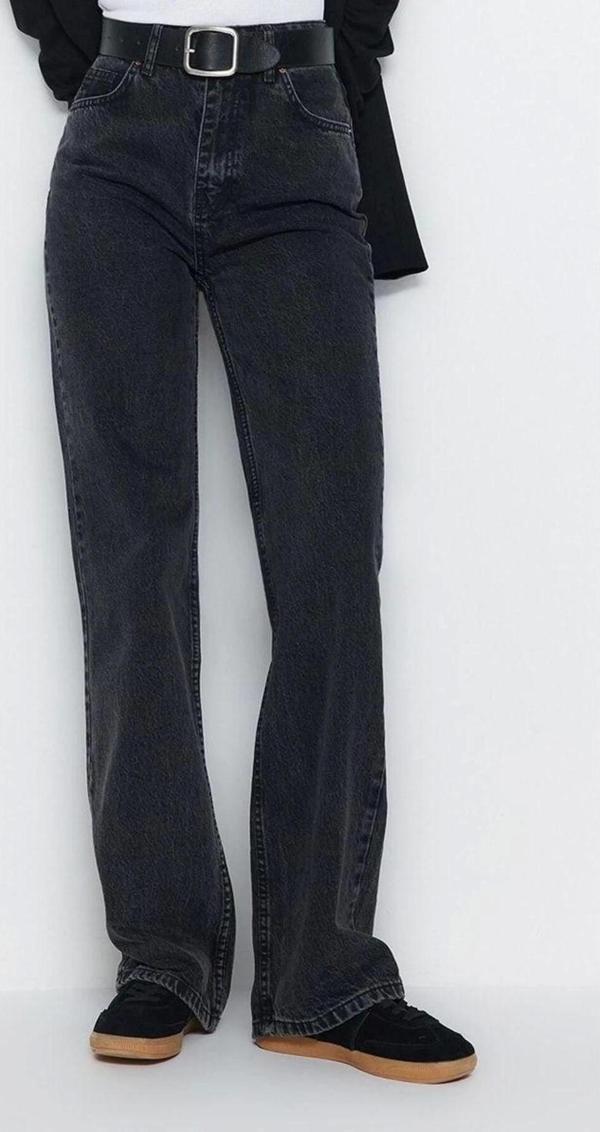 Stil Kadın Moda Denim Kot Pantolon Uzun Geniş Paça Antrasit Yüksek Bel Jeans - Image 1