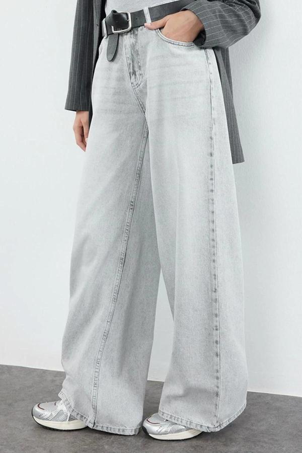 Stil Kadın Moda Denim Kot Pantolon Uzun Geniş Paça Gri Yüksek Bel Ekstra Palazzo Jeans - Image 1