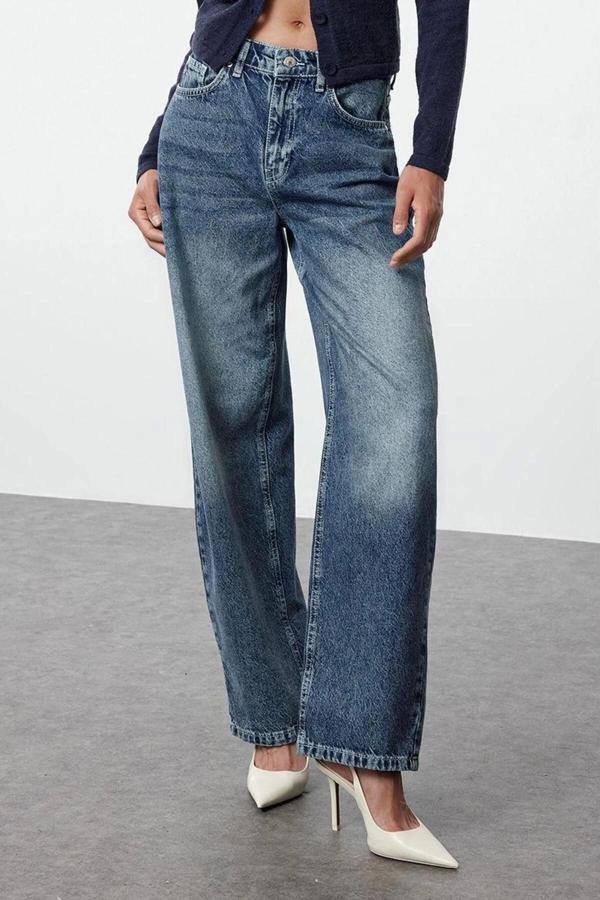 Stil Kadın Moda Denim Kot Pantolon Uzun Geniş Paça Mavi Yüksek Bel Jeans - Image 1