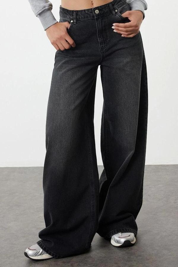 Stil Kadın Moda Denim Kot Pantolon Uzun Geniş Paça Yüksek Bel Ekstra Palazzo Jeans - Image 1