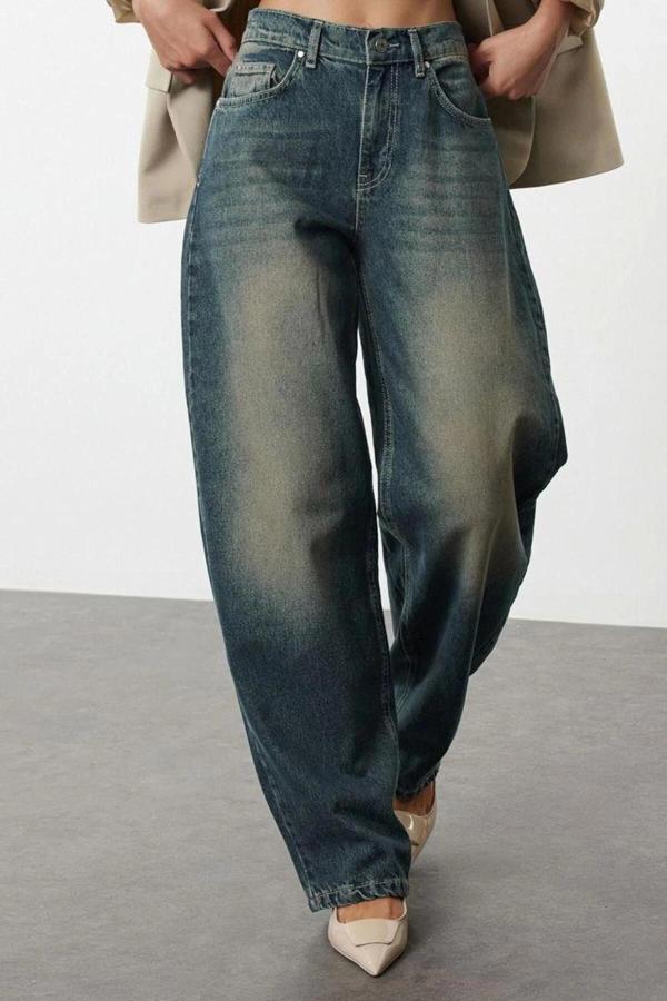 Stil Kadın Moda Denim Kot Pantolon Uzun Geniş Paça Normal Bel Skater Jeans - Image 1