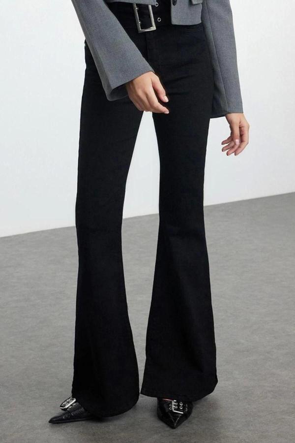 Stil Kadın Moda Denim Kot Pantolon Uzun Geniş Paça Yüksek Bel Kemerli Jeans - Image 1