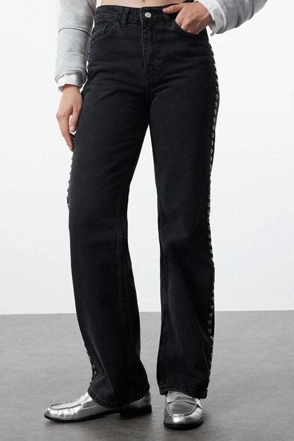 Stil Kadın Moda Denim Kot Pantolon Uzun Geniş Paça Trok Detaylı Yüksek Bel Jeans - Image 1