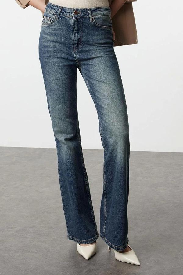 Stil Kadın Moda Denim Kot Pantolon Uzun İspanyol Paça Mavi Soluk Vintage Yüksek Bel Jeans - Image 1