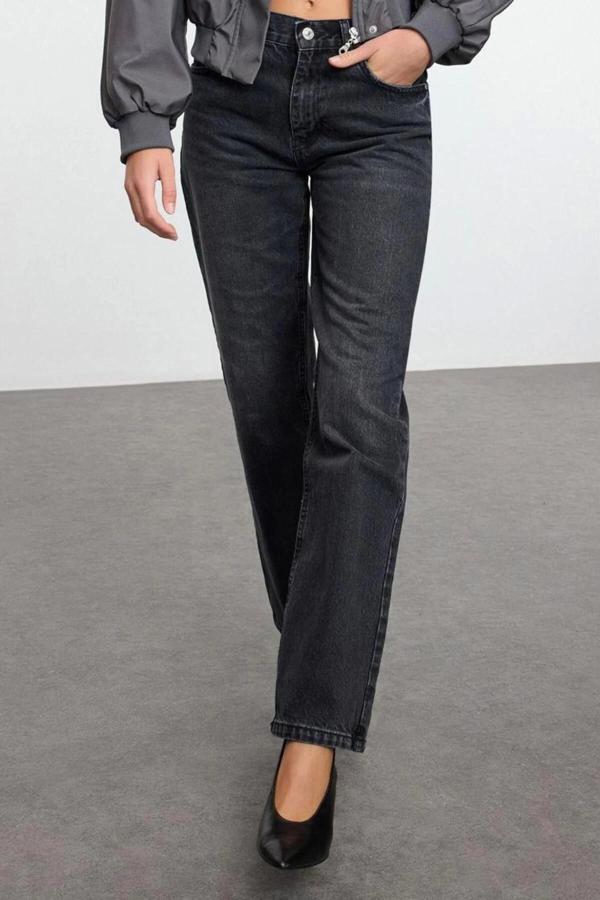 Stil Kadın Moda Denim Kot Pantolon Uzun Boru Paça Mavi Normal Bel Straight Jeans - Image 1