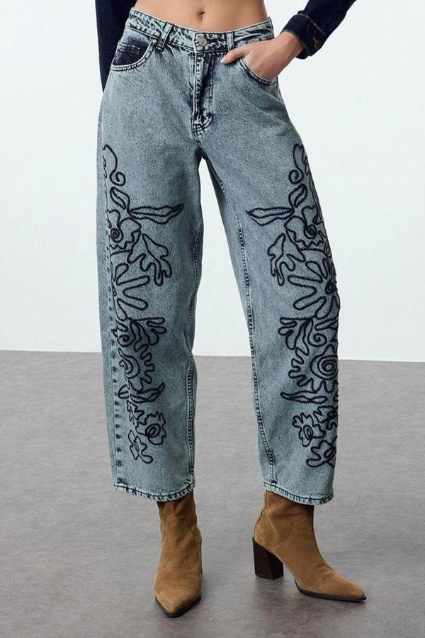 Stil Kadın Moda Denim Kot Pantolon Uzun Geniş Paça Mavi Nakışlı Yüksek Bel Balon Jeans - Image 1
