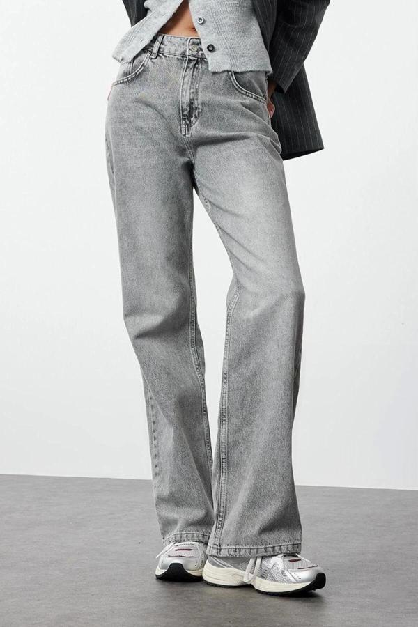 Stil Kadın Moda Denim Kot Pantolon Uzun Geniş Paça Gri Yüksek Bel Jeans - Image 1