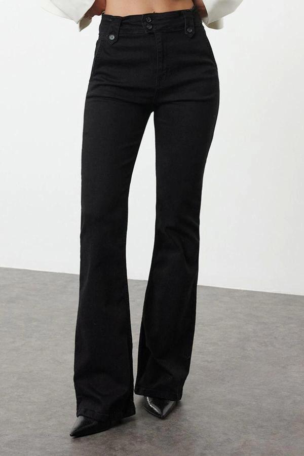 Stil Kadın Moda Denim Kot Pantolon Regular İspanyol Paça Bel Detaylı Yüksek Bel Jeans - Image 1