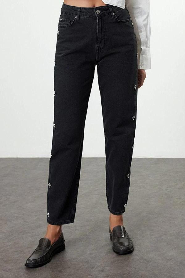 Stil Kadın Moda Denim Kot Pantolon Uzun Boru Paça Taşlı Yüksek Bel Mom Jeans - Image 1