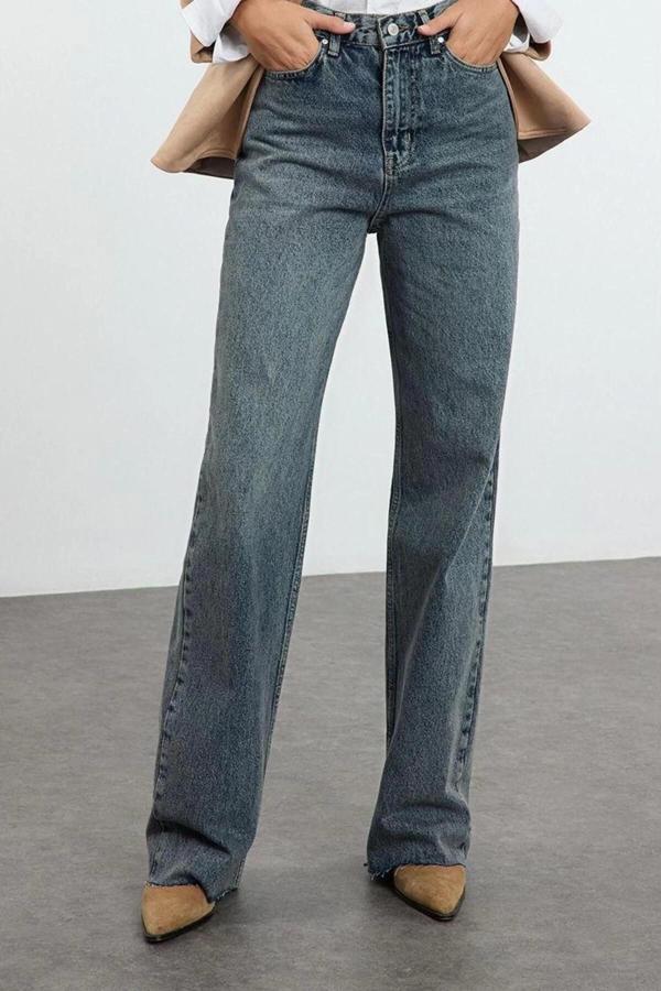 Stil Kadın Moda Denim Kot Pantolon Uzun Geniş Paça Mavi Yüksek Bel Jeans - Image 1