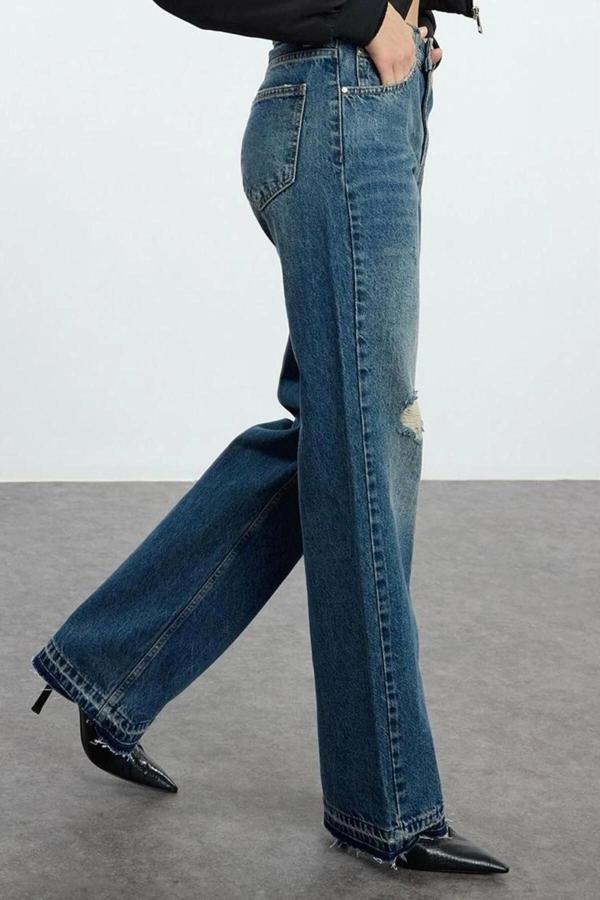 Stil Kadın Moda Denim Kot Pantolon Uzun Geniş Paça Yırtıklı Normal Bel Jeans - Image 1